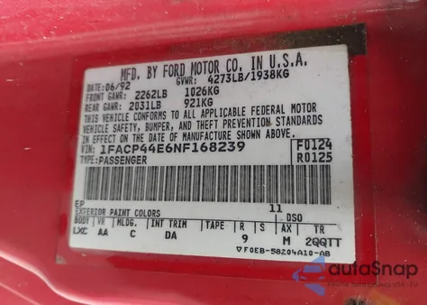 1992 Ford Mustang Lx из США, поврежденный, VIN 1FACP44E6NF168239